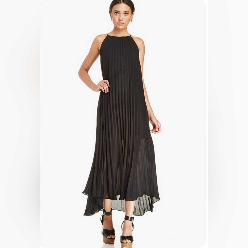 EUC Line & Dot Black Pleated High-Low Midi Dress - Women's Small